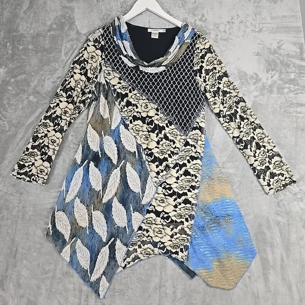 Feratelli Womens Patchwork Fairy Grunge Mesh Tunic Top‎ M Black Asym Floral